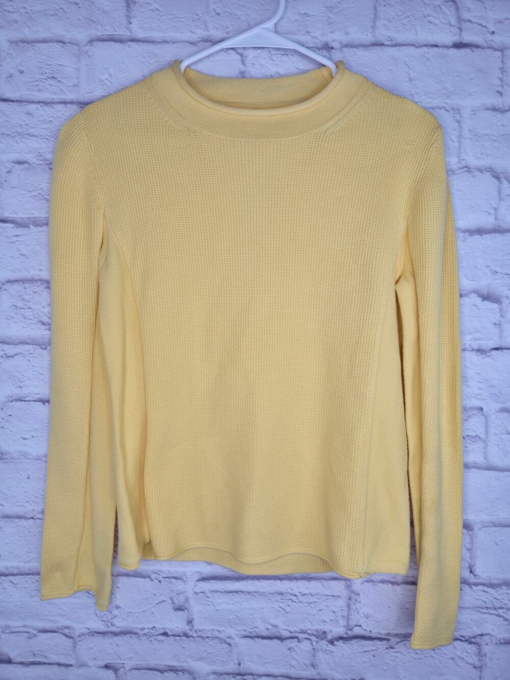 Coldwater Creek Butter Yellow Cotton Mock Neck Sweater Top Waffle Knit Womens XS